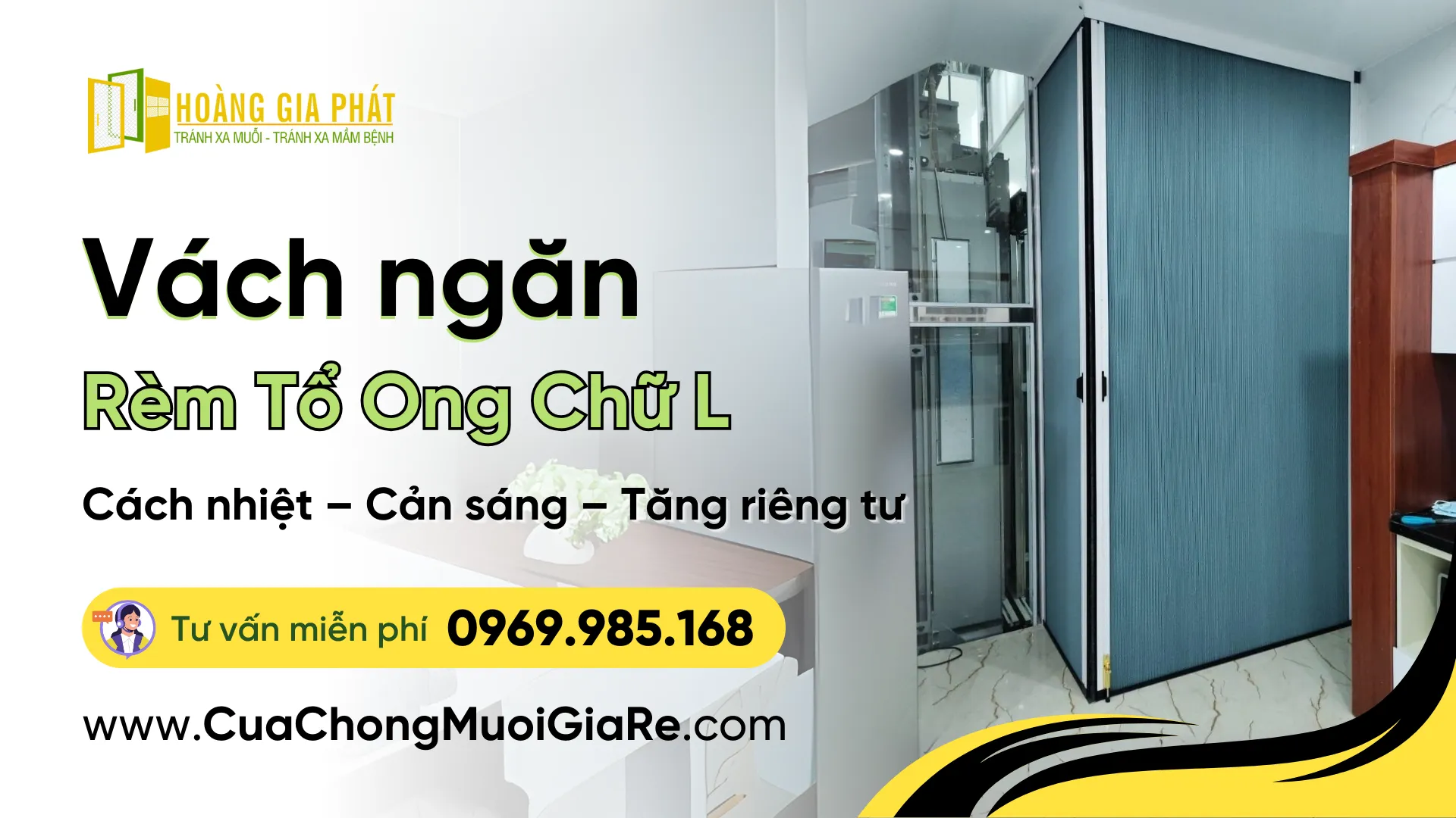 Vách ngăn rèm tổ ong chữ L – Dự án lắp đặt thực tế do Cửa Lưới Hoàng Gia Phát thi công