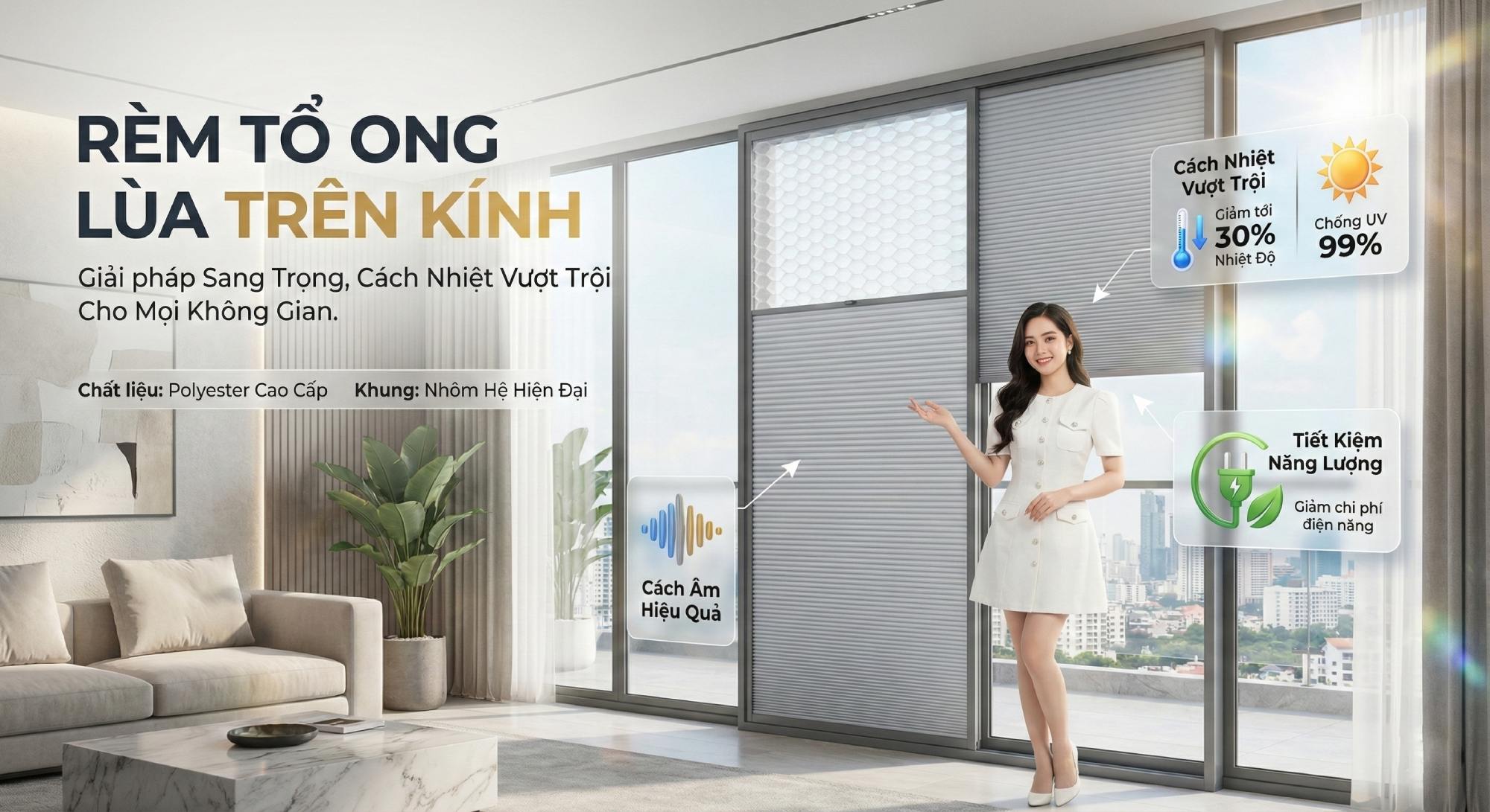 Rèm tổ ong lùa trên kính - Giải pháp che nắng – cách nhiệt – tăng riêng 1 Vì Sao Khách Hàng Chọn Rèm Tổ Ong Lùa Trên Kính?